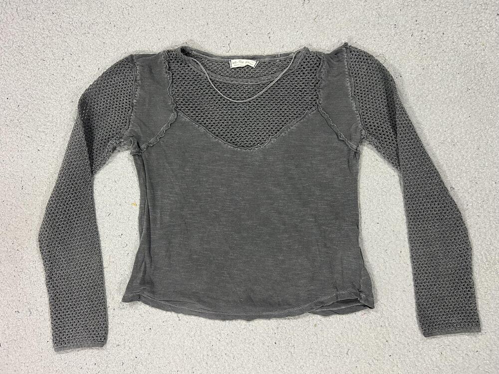 We The Free Shirt Womens Medium Gray Waffle Knit Thermal Long Sleeve Top Mesh